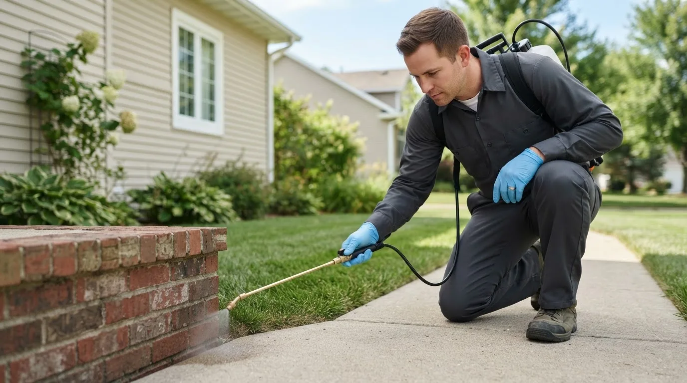 Pest control technician treating a home near Iron Ridge, WI